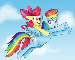 Size: 989x800 | Tagged: safe, artist:susiebeeca, apple bloom, rainbow dash, earth pony, pegasus, pony, female, mare, riding