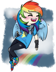 Size: 490x633 | Tagged: safe, artist:soullessteddybear, rainbow dash, human, bandana, clothes, fingerless gloves, flying, gloves, humanized, light skin, piercing, shirt, solo