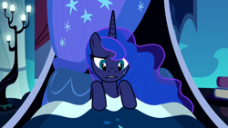 Size: 1280x720 | Tagged: safe, edit, edited screencap, editor:slayerbvc, screencap, princess luna, alicorn, pony, do princesses dream of magic sheep, accessory-less edit, barehoof, bed, female, luna's room, mare, missing accessory, solo, sweat