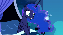 Size: 1280x720 | Tagged: safe, edit, edited screencap, editor:slayerbvc, screencap, princess luna, alicorn, pony, do princesses dream of magic sheep, accessory-less edit, barehoof, bed, casual nudity, female, luna's room, mare, missing accessory, nudity, sleeping, sleeping in the nude, solo