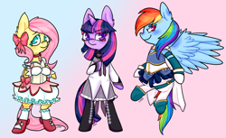 Size: 1200x735 | Tagged: safe, artist:soullessteddybear, fluttershy, rainbow dash, twilight sparkle, pony, anime, bipedal, clothes, cosplay, puella magi madoka magica