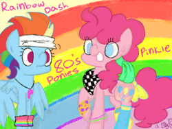 Size: 800x600 | Tagged: safe, artist:ponypocky317, derpibooru import, pinkie pie, rainbow dash, earth pony, pegasus, pony, 80s, clothes, fashion, leg warmers, neckerchief, raised hoof