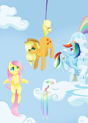 Size: 1237x1732 | Tagged: safe, artist:cyahna, derpibooru import, applejack, fluttershy, rainbow dash, earth pony, pegasus, pony, cloud, cloudy, female, flying, mare, rainbow dash's house, rainbow waterfall, rope, trio