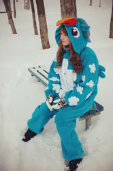 Size: 681x1024 | Tagged: safe, artist:yotsubanoclover, rainbow dash, human, clothes, craft, irl, irl human, kigurumi, outdoors, photo, snow, solo