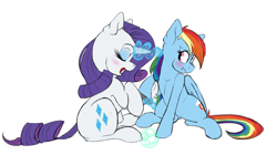 Size: 1280x717 | Tagged: safe, artist:farewelldecency, derpibooru import, rainbow dash, rarity, pegasus, pony, unicorn, blushing, female, hooficure, lesbian, nail file, raridash, shipping