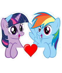 Size: 1819x2145 | Tagged: safe, artist:yourfavoritesenpai, derpibooru import, rainbow dash, twilight sparkle, pegasus, pony, blue feather, feather, female, heart, lesbian, shipping, simple background, transparent background, twidash, vector