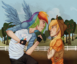 Size: 1000x834 | Tagged: safe, artist:azupanic, derpibooru import, applejack, rainbow dash, human, humanized, manface, winged humanization