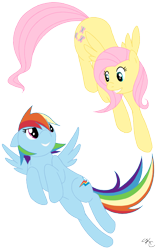 Size: 678x1078 | Tagged: safe, artist:poefish, derpibooru import, fluttershy, rainbow dash, pegasus, pony, flying