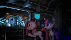 Size: 1024x576 | Tagged: safe, artist:vonklerks, derpibooru import, pinkie pie, rainbow dash, twilight sparkle, twilight sparkle (alicorn), alicorn, human, pony, 3d, assembly line, clones, clothes, easter egg, female, grand theft auto, gta v, lab coat, mare, monitor, pinkamena diane pie, source filmmaker, trevor philips