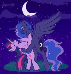 Size: 831x869 | Tagged: safe, artist:lulubell, princess luna, twilight sparkle, twilight sparkle (alicorn), alicorn, pony, bipedal, dancing, eyes closed, female, grass, laughing, lesbian, looking at someone, mare, moon, night, open mouth, open smile, outdoors, shipping, smiling, stars, twiluna