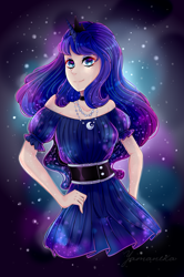 Size: 3000x4521 | Tagged: safe, artist:yamaneka, princess luna, human, choker, clothes, horn, horned humanization, humanized, jewelry, necklace, smiling