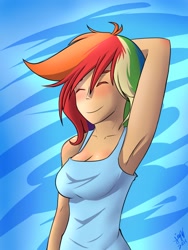 Size: 1200x1600 | Tagged: safe, artist:lizzyoli-ravioli, rainbow dash, human, armpits, blushing, breasts, clothes, female, humanized, light skin, rainboob dash, solo, tanktop