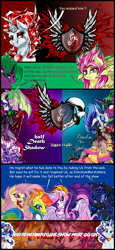 Size: 1658x3593 | Tagged: safe, artist:dimidiummorsumbra, fluttershy, king sombra, princess luna, queen chrysalis, rainbow dash, rarity, spike, spitfire, alicorn, changeling, changeling queen, dragon, hybrid, pegasus, pony, unicorn, breaking the fourth wall, dialogue