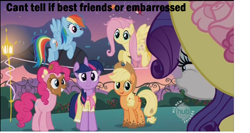 Size: 1368x728 | Tagged: safe, derpibooru import, screencap, applejack, fluttershy, pinkie pie, rainbow dash, rarity, twilight sparkle, earth pony, pegasus, pony, unicorn, sweet and elite, birthday dress, blackface, caption, hat, philip j. fry