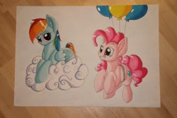 Size: 800x533 | Tagged: safe, derpibooru import, pinkie pie, rainbow dash, earth pony, pegasus, pony, balloon, cloud, sky