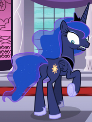 Size: 615x815 | Tagged: safe, screencap, princess luna, alicorn, pony, a royal problem, cringing, cropped, crown, ethereal mane, eyeshadow, female, flowing mane, folded wings, hoof shoes, jewelry, looking at butt, looking back, makeup, mare, plot, raised hoof, regalia, shrunken pupils, solo, stained glass, swapped cutie marks, wide eyes, wings