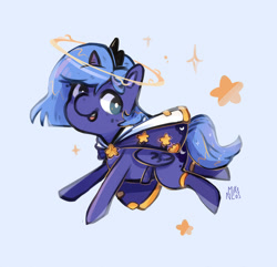 Size: 900x867 | Tagged: safe, artist:mikenlos, princess luna, alicorn, pony, cape, clothes, female, filly, halo, s1 luna, smiling, socks, solo, sparkles, stars, woona, younger