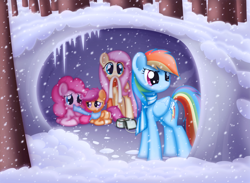 Size: 1328x970 | Tagged: safe, artist:ctb-36, derpibooru import, fluttershy, pinkie pie, rainbow dash, scootaloo, earth pony, pegasus, pony, bandage, cave, clothes, crying, first aid kit, quintet, scarf, scootalove, snow, snowfall