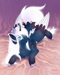 Size: 1600x2000 | Tagged: safe, artist:striped-chocolate, princess luna, alicorn, pony, :3, alternate design, cheek fluff, chest fluff, cute, ear fluff, ethereal mane, female, jewelry, looking at you, lunabetes, lying on bed, mare, prone, rcf community, regalia, solo, spread wings, wings