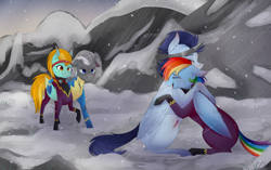 Size: 1024x642 | Tagged: safe, artist:chiweee, derpibooru import, lightning dust, rainbow dash, silver lining, silver zoom, soarin', pegasus, pony, fanfic:piercing the heavens, beaten up, blushing, bruised, clothes, costume, crying, ear fluff, eyes closed, fake horn, female, floppy ears, frown, headband, hoofprints, hug, injured, male, mountain, open mouth, raised hoof, scar, shadowbolt dash, shadowbolts, shadowbolts costume, shipping, sitting, smiling, snow, snowfall, soarindash, standing, straight, tears of joy, tight clothing, tired, wonderbolts uniform