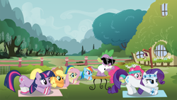 Size: 1920x1080 | Tagged: safe, artist:assiel, derpibooru import, applejack, fluttershy, pinkie pie, rainbow dash, rarity, spike, twilight sparkle, dragon, earth pony, pegasus, pony, unicorn, exercise, gangnam style, headband, leg warmers, mane seven, mane six, stretching, sunglasses, sweatband, wristband, yoga