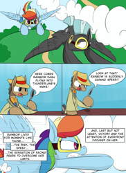 Size: 1200x1651 | Tagged: safe, artist:martinhello, derpibooru import, rainbow dash, thunderlane, oc, earth pony, pegasus, pony, comic:riding the storm, cloud, comic, female, flying, goggles, male, mare, race, sky, stallion