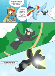 Size: 940x1293 | Tagged: safe, artist:martinhello, derpibooru import, rainbow dash, thunderlane, oc, earth pony, pegasus, pony, comic:riding the storm, cloud, comic, flying, goggles, lens flare, male, race, sky, stallion