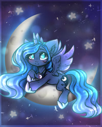 Size: 2000x2500 | Tagged: safe, artist:zefirka, princess luna, alicorn, pony, crescent moon, cute, ear fluff, female, looking up, lunabetes, mare, moon, night, no pupils, prone, smiling, solo, spread wings, stars, tangible heavenly object, wings