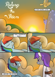 Size: 940x1318 | Tagged: safe, artist:martinhello, derpibooru import, rainbow dash, oc, oc:icarus, pegasus, pony, comic:riding the storm, belt, cloud, comic, nap, sunset