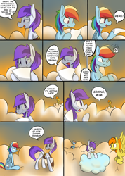 Size: 940x1318 | Tagged: safe, artist:martinhello, derpibooru import, rainbow dash, oc, oc:icarus, oc:sunshine, pegasus, pony, comic:riding the storm, belt, cloud, comic