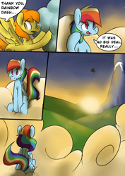 Size: 940x1330 | Tagged: safe, artist:martinhello, derpibooru import, rainbow dash, oc, oc:sunshine, pegasus, pony, comic:riding the storm, cloud, comic, sunset