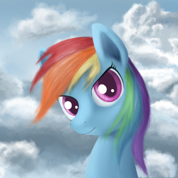 Size: 2000x2000 | Tagged: safe, artist:sycreon, rainbow dash, pegasus, pony, bust, cloud, cloudy, colored pupils, looking at you, portrait, smiling, solo