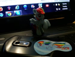 Size: 598x458 | Tagged: safe, rainbow dash, blind bag, computer, irl, laptop computer, phone, photo, sticker, toy, windows, windows 7