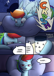 Size: 940x1330 | Tagged: safe, artist:martinhello, derpibooru import, rainbow dash, pegasus, pony, comic:riding the storm, comic, drunker dash, flying under influence, flying while under the influence, night, pillow, rainbow crash, rainbow dash's house