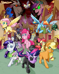 Size: 2000x2500 | Tagged: safe, artist:arteses-canvas, apple bloom, applejack, cranky doodle donkey, derpy hooves, diamond tiara, discord, fancypants, flam, fleur-de-lis, flim, fluttershy, garble, iron will, pinkie pie, pound cake, princess luna, pumpkin cake, queen chrysalis, rainbow dash, rarity, silver spoon, spike, sweetie belle, tank, twilight sparkle, unicorn twilight, alicorn, changeling, changeling queen, donkey, draconequus, dragon, earth pony, minotaur, pegasus, pony, unicorn, a canterlot wedding, a friend in deed, baby cakes, dragon quest, family appreciation day, hearth's warming eve (episode), hearts and hooves day (episode), hurricane fluttershy, it's about time, lesson zero, luna eclipsed, may the best pet win, mmmystery on the friendship express, ponyville confidential, putting your hoof down, read it and weep, season 2, secret of my excess, sisterhooves social, sweet and elite, the cutie pox, the last roundup, the mysterious mare do well, the return of harmony, the super speedy cider squeezy 6000, baby, baby pony, bandana, book, bow, colt, corrupted, cowboy hat, disguise, disguised changeling, eyepatch, fake cadance, female, filly, flying, foal, future twilight, glowing eyes, goggles, hair bow, hat, hearth's warming eve, long tongue, magic, male, mane seven, mane six, mare, necktie, nose piercing, nose ring, piercing, ponyville, poster, reading, sharp teeth, spikezilla, teeth, telekinesis, tongue out, wall of tags