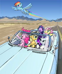 Size: 3345x4000 | Tagged: safe, artist:vombavr, derpibooru import, applejack, fluttershy, pinkie pie, rainbow dash, rarity, twilight sparkle, earth pony, pegasus, pony, unicorn, absurd resolution, car, desert, driving, mane six, scenery