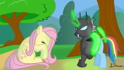 Size: 1024x576 | Tagged: safe, artist:dashermkii, fluttershy, rainbow dash, changeling, pegasus, pony, female, mare