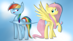 Size: 1024x576 | Tagged: safe, artist:despotshy, derpibooru import, fluttershy, rainbow dash, pegasus, pony, blue coat, female, mare, multicolored mane, pink mane, wings, yellow coat