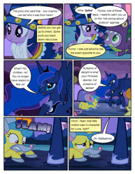 Size: 612x792 | Tagged: safe, artist:newbiespud, edit, edited screencap, screencap, carrot top, golden harvest, princess luna, spike, star swirl the bearded, twilight sparkle, unicorn twilight, alicorn, dragon, pony, unicorn, comic:friendship is dragons, luna eclipsed, all fours, background pony, bowing, cloak, clothes, comic, dialogue, dragon costume, ethereal mane, fake beard, female, hat, hoof shoes, male, mare, mouse costume, onomatopoeia, raised hoof, sad, screencap comic, starry mane, wizard hat