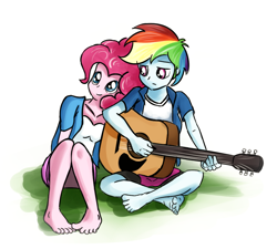 Size: 1000x900 | Tagged: artist needed, safe, derpibooru import, pinkie pie, rainbow dash, equestria girls, alternate hairstyle, barefoot, clothes, feet, grass, guitar, implied lesbian, lidded eyes, missing shoes, pinkiedash, shipping, simple background, sitting, toes