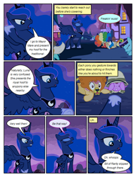 Size: 612x792 | Tagged: safe, artist:newbiespud, edit, edited screencap, screencap, mayor mare, princess luna, alicorn, earth pony, pony, comic:friendship is dragons, luna eclipsed, all fours, background pony, bowing, clown, clown nose, comic, dialogue, ethereal mane, eyes closed, female, female pov, helmet, hoof shoes, horned helmet, implied rarity, mare, offscreen character, pov, raised hoof, red nose, scared, screencap comic, starry mane, viking helmet