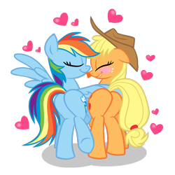 Size: 950x950 | Tagged: safe, artist:sketchyjackie, derpibooru import, applejack, rainbow dash, earth pony, pegasus, pony, appledash, blushing, butt bump, butt to butt, butt touch, female, heart, lesbian, licking, plot, plot pair, shipping, winghug