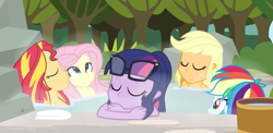 Size: 1125x550 | Tagged: safe, artist:dm29, derpibooru import, applejack, fluttershy, rainbow dash, sci-twi, sunset shimmer, twilight sparkle, equestria girls, glasses off, hot springs, relaxing, skinny dipping