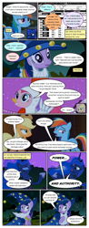 Size: 612x1556 | Tagged: safe, artist:newbiespud, edit, edited screencap, screencap, applejack, fluttershy, pinkie pie, princess luna, rainbow dash, twilight sparkle, unicorn twilight, alicorn, earth pony, pegasus, pony, unicorn, comic:friendship is dragons, luna eclipsed, animal costume, chicken pie, chicken suit, cloak, clothes, comic, costume, dialogue, ethereal mane, eyes closed, fake beard, freckles, hat, hoof shoes, raised hoof, screencap comic, star swirl the bearded costume, starry mane, traditional royal canterlot voice, wizard hat