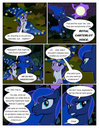 Size: 612x792 | Tagged: safe, artist:newbiespud, edit, edited screencap, screencap, princess luna, twilight sparkle, unicorn twilight, alicorn, pony, unicorn, comic:friendship is dragons, luna eclipsed, cloak, clothes, cloud, comic, dialogue, ethereal mane, fake beard, female, flying, forest, full moon, hat, hoof shoes, mare, moon, raised hoof, screencap comic, star swirl the bearded costume, starry mane, traditional royal canterlot voice, wizard hat, worried