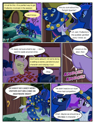 Size: 612x792 | Tagged: safe, artist:newbiespud, edit, edited screencap, screencap, fluttershy, princess luna, twilight sparkle, unicorn twilight, alicorn, pegasus, pony, unicorn, comic:friendship is dragons, luna eclipsed, bed, cloak, clothes, comic, dialogue, ethereal mane, eyes closed, fake beard, hat, hoof shoes, onomatopoeia, pillow, raised hoof, scared, screencap comic, star swirl the bearded costume, starry mane, wizard hat, yelling