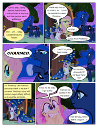 Size: 612x792 | Tagged: safe, artist:newbiespud, edit, edited screencap, screencap, fluttershy, princess luna, twilight sparkle, unicorn twilight, alicorn, pegasus, pony, unicorn, comic:friendship is dragons, luna eclipsed, cloak, clothes, comic, dialogue, ethereal mane, fake beard, frown, glowing horn, hat, hoof shoes, horn, levitation, magic, onomatopoeia, scared, screencap comic, star swirl the bearded costume, starry mane, telekinesis, traditional royal canterlot voice, unamused, wizard hat