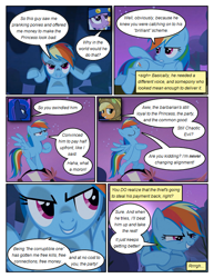 Size: 612x792 | Tagged: safe, artist:newbiespud, edit, edited screencap, screencap, applejack, princess luna, rainbow dash, twilight sparkle, unicorn twilight, alicorn, earth pony, pegasus, pony, unicorn, comic:friendship is dragons, luna eclipsed, angry, bipedal, cloak, clothes, comic, dialogue, evil grin, eyes closed, fake beard, female, freckles, gendo pose, grin, hat, mare, scarecrow, screencap comic, smiling, star swirl the bearded costume, wizard hat