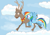 Size: 761x528 | Tagged: safe, artist:coppy-cat, rainbow dash, pegasus, pony, reindeer, antlers, blue coat, blue wings, cloud, female, flying, mare, multicolored mane, multicolored tail, open mouth, spread wings, wings