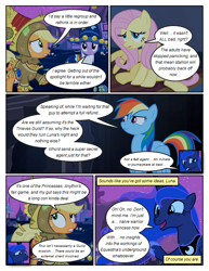 Size: 612x792 | Tagged: safe, artist:newbiespud, edit, edited screencap, screencap, applejack, fluttershy, princess luna, rainbow dash, twilight sparkle, unicorn twilight, alicorn, earth pony, pegasus, pony, unicorn, comic:friendship is dragons, luna eclipsed, cloak, clothes, comic, dialogue, ethereal mane, fake beard, female, freckles, frown, hat, hoof shoes, mare, scarecrow, screencap comic, smiling, star swirl the bearded costume, starry mane, wizard hat
